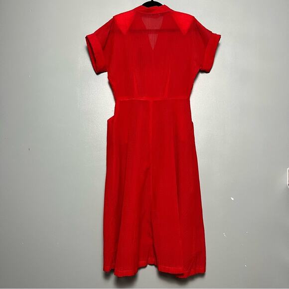 Vintage 1940s Gail Whitney Button Up Midi Dress Sheer Textured Cherry Red - Picture 2 of 10
